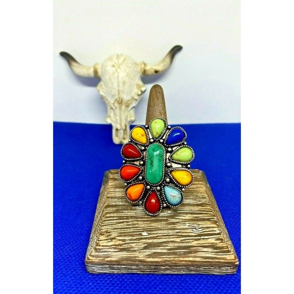 Western Flower Turquoise Multi Color Silver ring - Picture 4 of 11